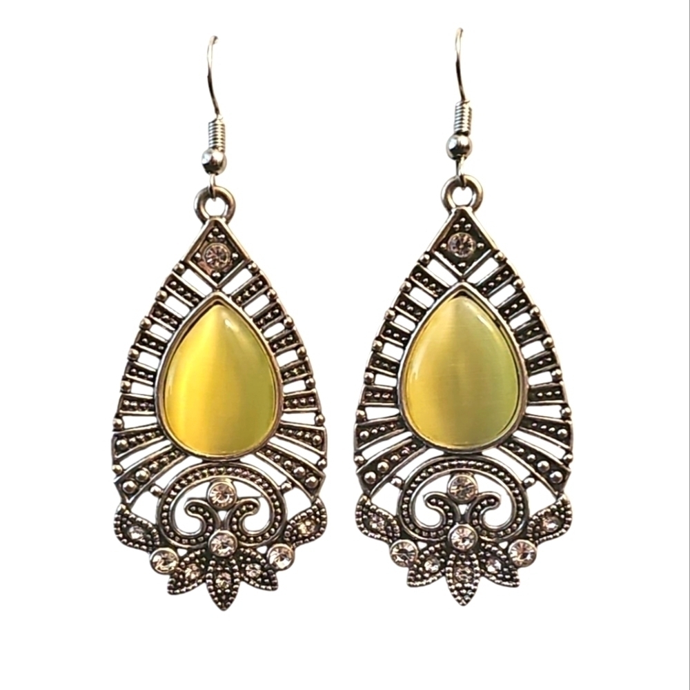 Ornate Yellow Cat's Rye and Silver Teardrop Earrings with Filigree
